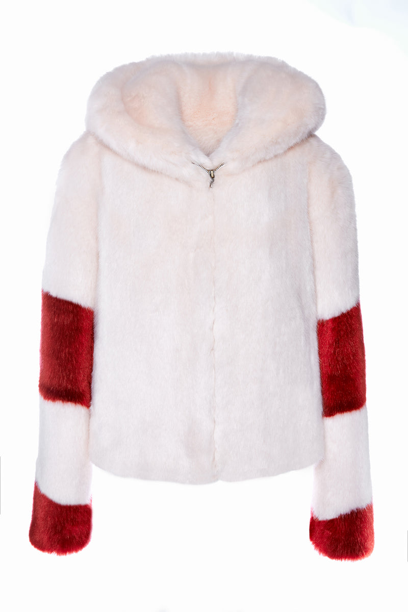 Powder Pink and Red Faux Fur Bomber - LISA – LaSeine&Moi