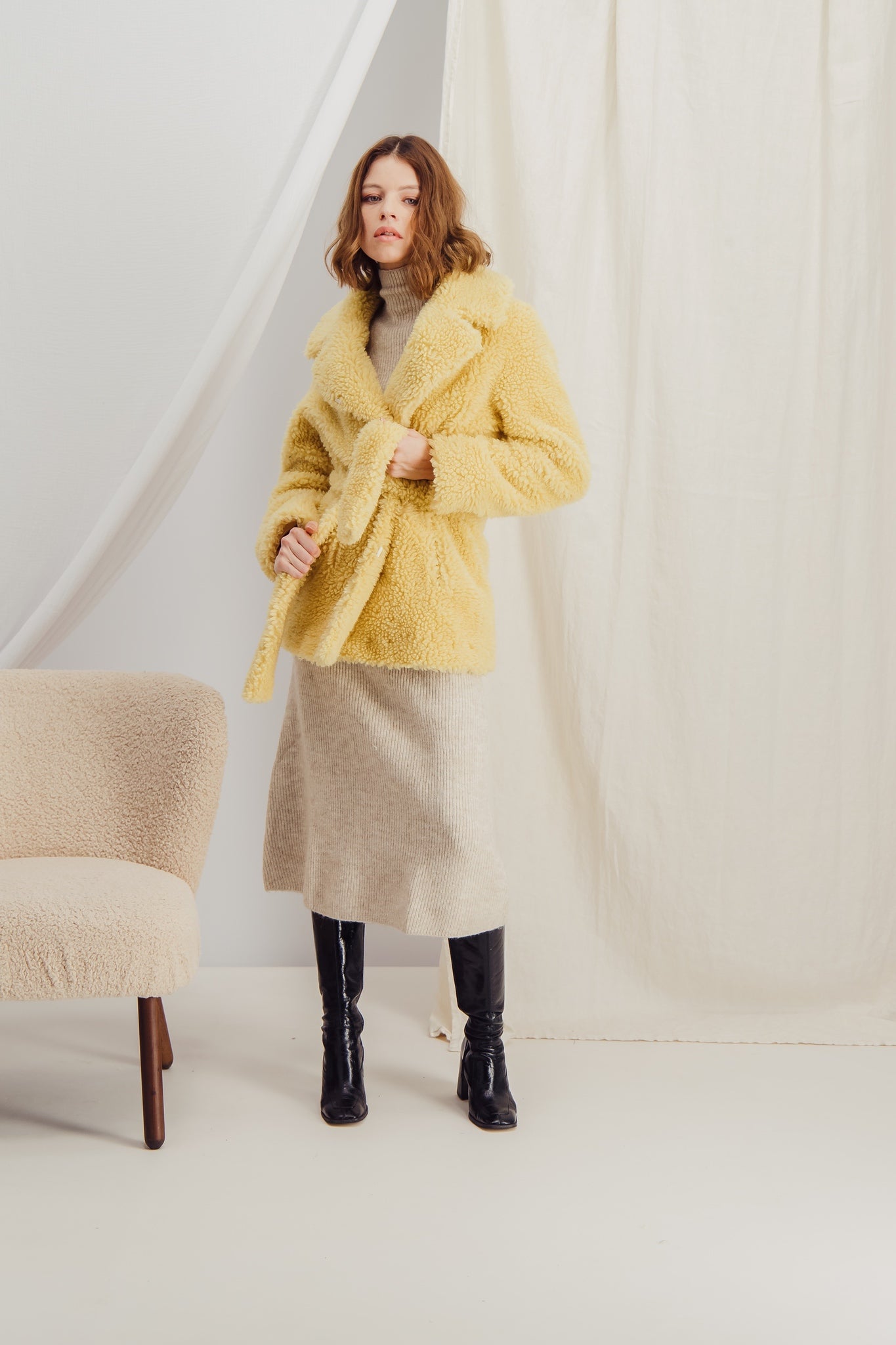 Heloise Yellow Faux Shearling Belted Yellow Jacket - HÉLOÏSE – LaSeine&Moi