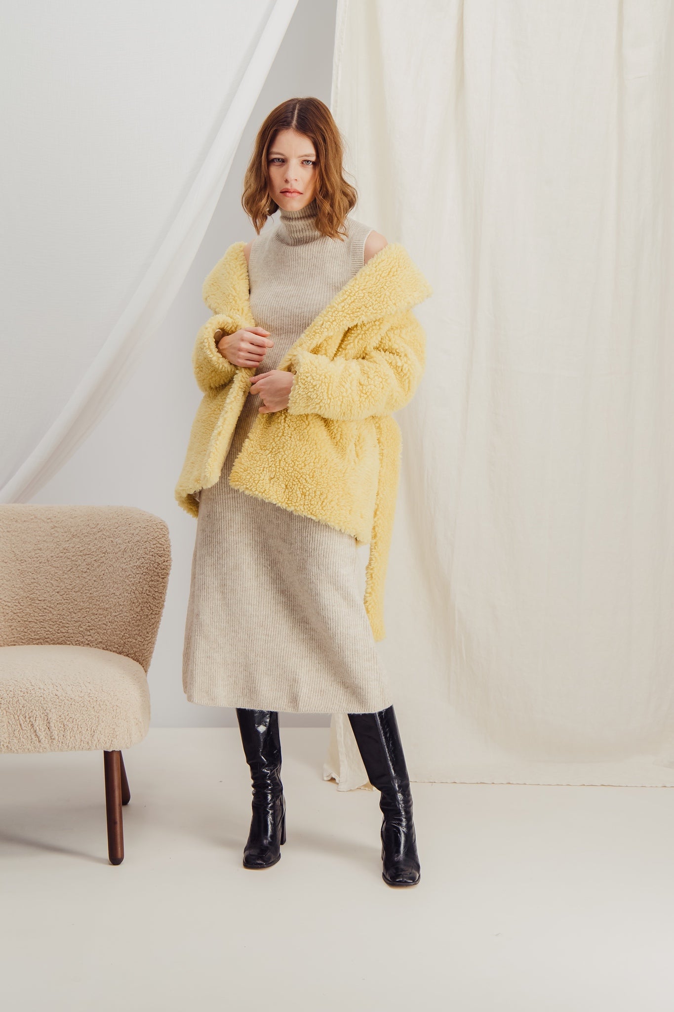 Heloise Yellow Faux Shearling Belted Yellow Jacket - HÉLOÏSE – LaSeine&Moi