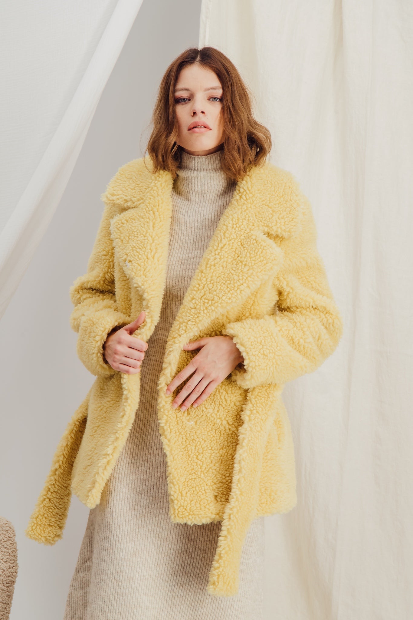 Heloise Yellow Faux Shearling Belted Yellow Jacket - HÉLOÏSE – LaSeine&Moi